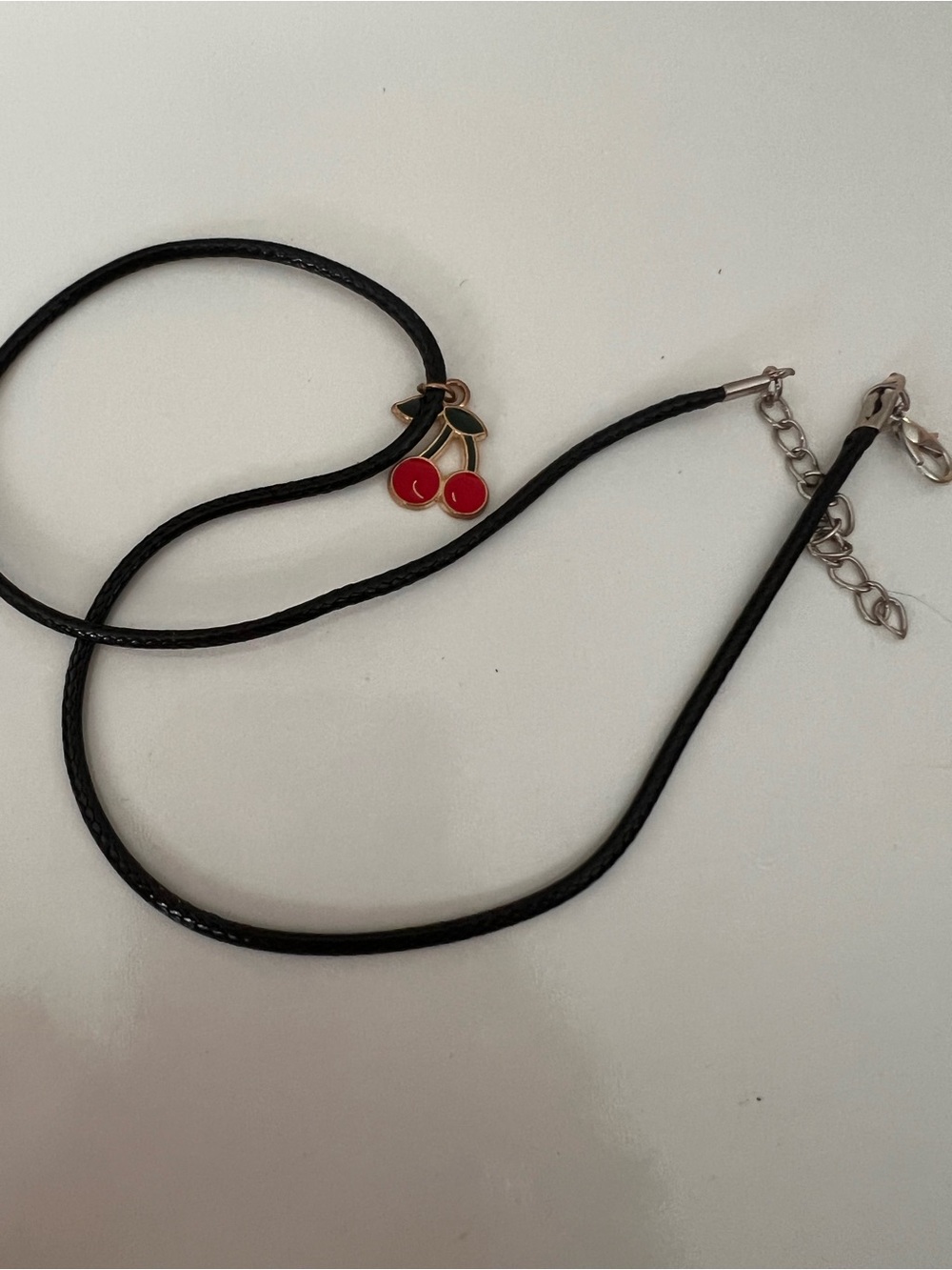 Gold Cherry Pendant Black Cord Necklace